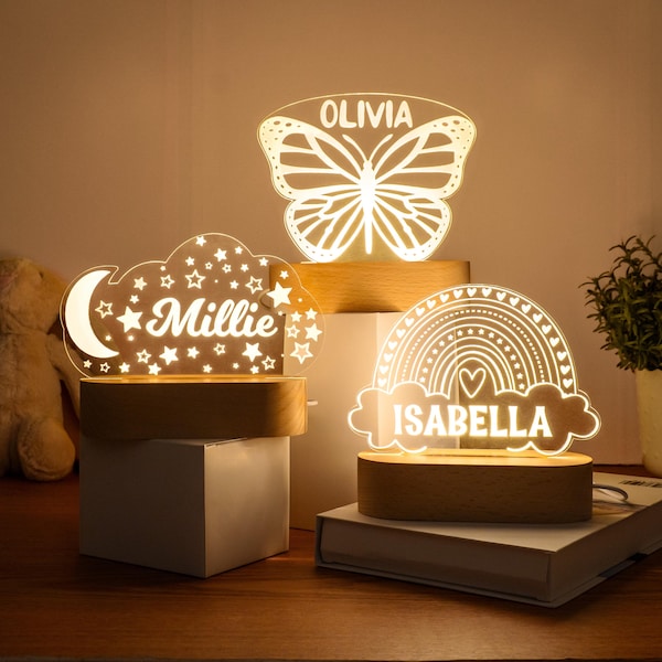 Custom Night Light, Moon & Stars Butterfly or Rainbow for Kids Room Decor, Personalize with Your Name