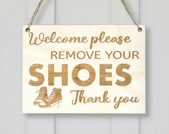 No shoes sign, Welcome please remove your shoes sign, Wood engraved shoes off sign