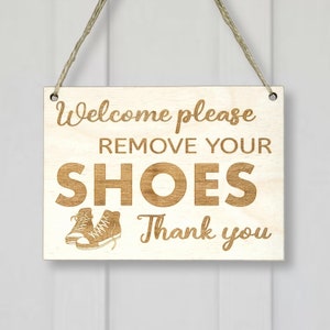 No shoes sign, Welcome please remove your shoes sign, Wood engraved shoes off sign