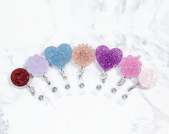 Cute badge reel, Flower & heart glitter badge reel, Choose from 21 colors and 4 styles of acrylic nurse badge reels.