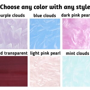 May include: A collage of six different color and style options for a product. The options include purple clouds, blue clouds, dark pink pearl, red transparent, light pink pearl, and mint clouds.