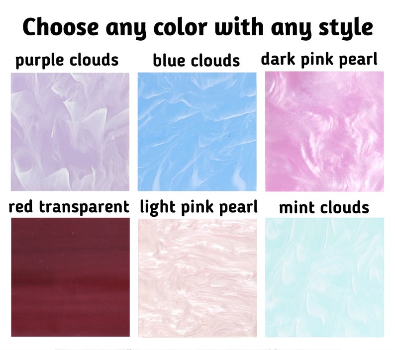 May include: A collage of six different color and style options for a product. The options include purple clouds, blue clouds, dark pink pearl, red transparent, light pink pearl, and mint clouds.