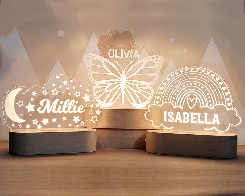 Custom night light, Moon & stars butterfly or rainbow for kids room decor, personalize with your name image 1