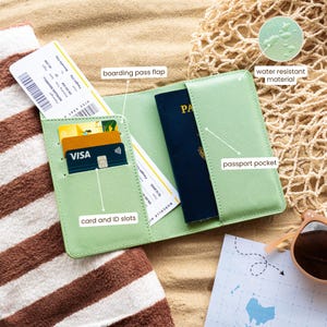 Puede incluir: Un tarjetero de pasaporte verde claro con ranuras para tarjetas, una solapa para la tarjeta de embarque y un bolsillo para el pasaporte. El tarjetero est&aacute; hecho de material resistente al agua. Un pasaporte, tarjetas de cr&eacute;dito y una tarjeta de embarque son visibles.