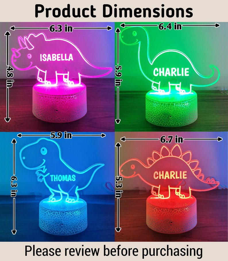 Custom dinosaur night light, Kids acrylic night light for kids bedroom decor, personalized with your name. image 3