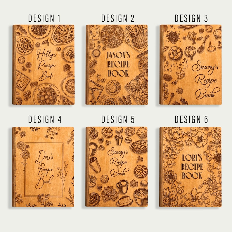 Pode incluir: Seis livros de receitas de madeira com designs gravados. Cada livro apresenta um nome diferente: Holly's, Jason's, Stacey's, Doris', Stacey's e Lori's. As capas s&atilde;o decoradas com ilustra&ccedil;&otilde;es relacionadas com comida e motivos florais.