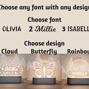 May include: Three illuminated nightlight designs with a choice of fonts for personalization. The designs are a cloud, a butterfly, and a rainbow. The fonts are Olivia, Millie, and Isabella.