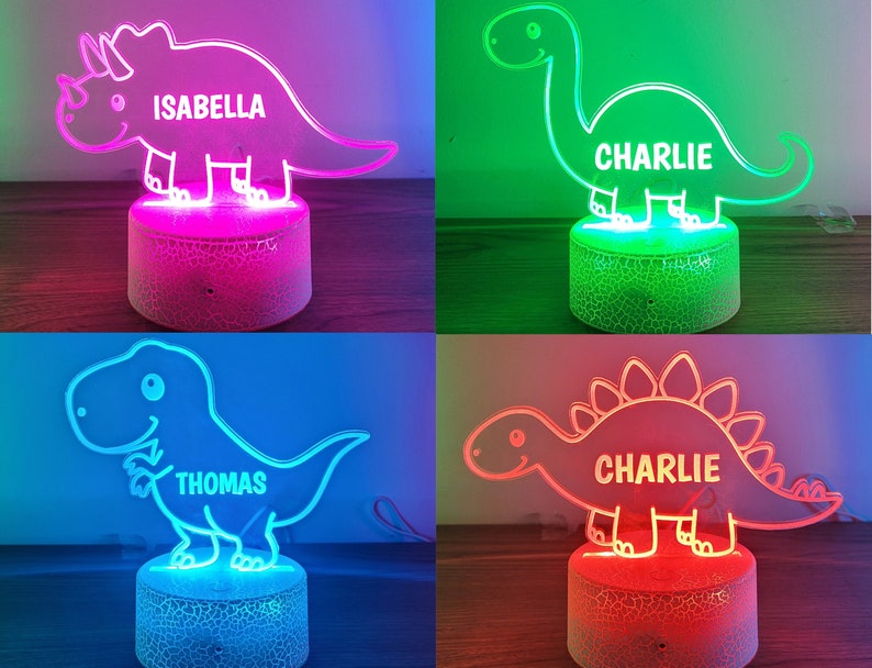 Custom dinosaur night light, Kids acrylic night light for kids bedroom decor, personalized with your name. image 1