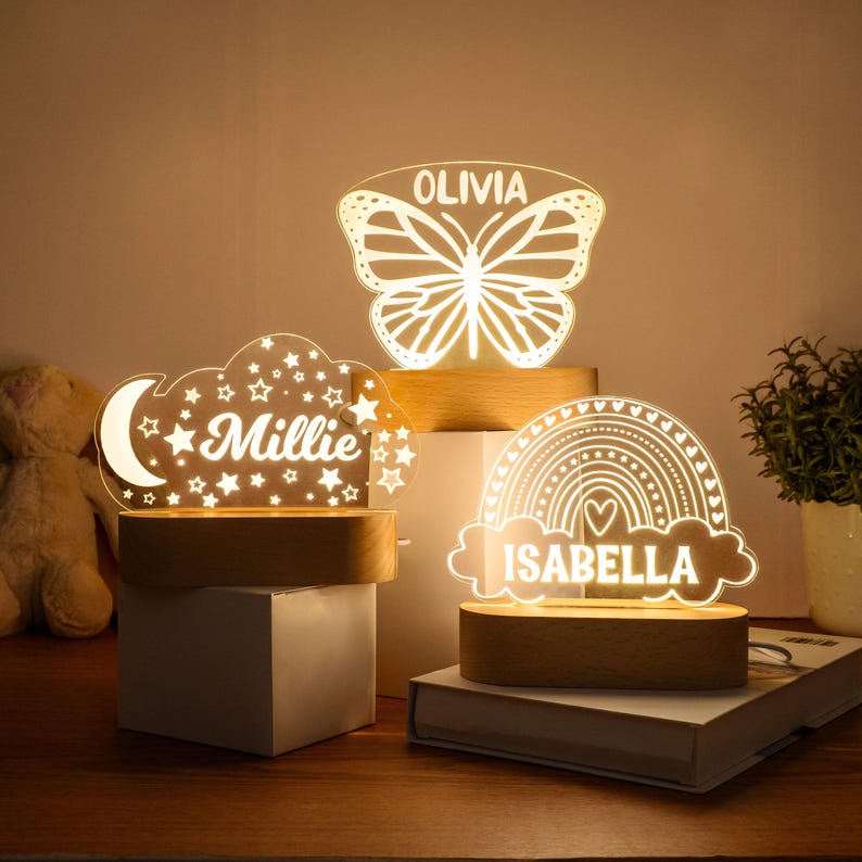 Custom Night Light, Moon & Stars Butterfly or Rainbow for Kids Room Decor, Personalize with Your Name image 1