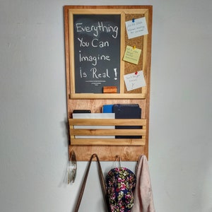 Wooden Entryway Organizer, Kitchen Organizer four hook anything holder, letter rack, chalk board