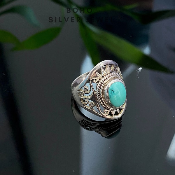 Filigree Turquoise Silver Ring| 925 Sterling Solid Silver Ring| Unique Handmade Gift ideas| Boho Silver Ring| Solitaire Silver Ring Women