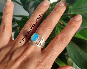 Authentic Milky Opal Silver Ring| 925 Sterling Solid Silver Ring| Oval Gemstone Silver Ring| Statement Silver Ring for Women| US 8 1/4 Ring