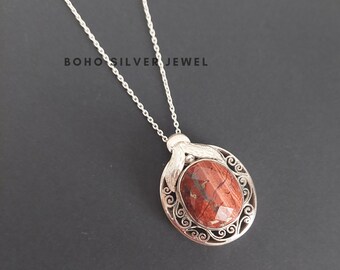 Stunning Red Jasper Pendant- High Quality Red Sterling Silver Pendant- Authentic Sterling Silver Pendant-Solitaire Pendant With Jasper Stone