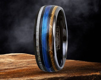 Personalized Black Tungsten Whiskey Barrel W/ Deer Antler Wedding Band, Men's Blue Fishing Line Gift, Mother's day, Aniversary Gifts for Him