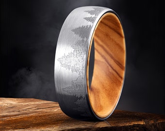 Couple Tungsten Wood Ring with Forest Tree Setting, Olive Wooden sleeve Men's Wedding Band, Gifts for Him / Her, Husband, Boyfriend, Wife