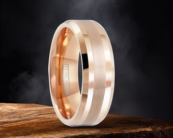 Customized Rose Gold Mens Wedding Band Ring w/ Brushed Stripe, Minimalist Handmade Jewelry w/ Beveled Edges, Engraved 1st Anniversary Gift