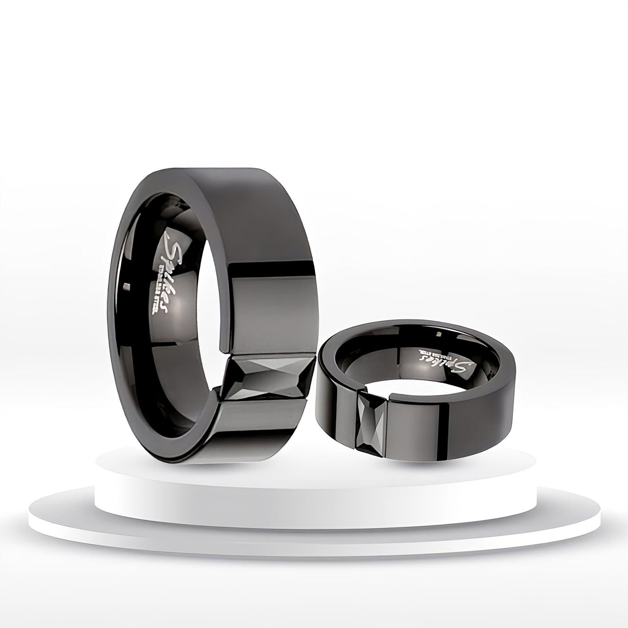 Black Wedding Band W/ Rectangular Cut CZ for Men Unique Stainless