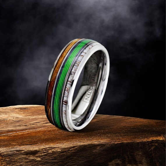Personalized Mens Green Fishing Line Inlay Wedding Band Ring