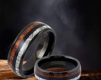 8MM Dual Stripes Comfort Fit Wedding Rings, Personalized Wood & Meteorite Tungsten Rings, Customize Anniversary Jewelry Gift for Husband