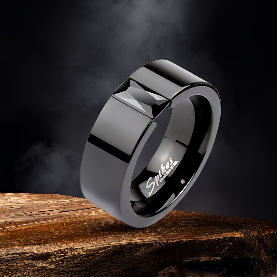 Black Wedding Band W/ Rectangular Cut CZ for Men Unique Stainless