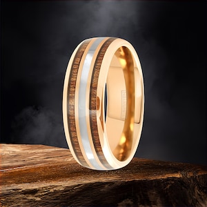 Personalized Tungsten Men's Wedding Band, 8mm Rose Gold Ring with Mother of Pearl & Koa Wood Stripe. Handmade Engagement Gift for Him