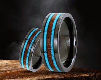 Black Ceramic Ring, Blue Turquoise Hawaiian Koa Wood Inlay, Mens Wedding Comfort Fit Ring, Handmade Jewellery valentine Gift For Him -6&8 MM