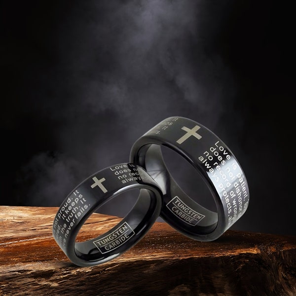 Bible Verse Black Tungsten Wedding Band for Men & Women, Personalized Name Engraved 1 Corinthians 13 Love Ring, Minimalist Gift for Her