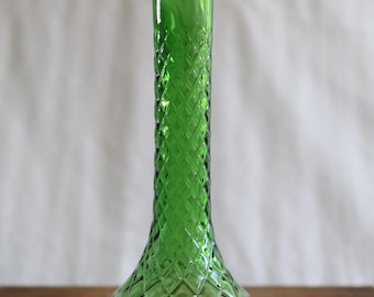 Vintage Green Glass Bud Vase - Quilted Diamond Pattern, 9"