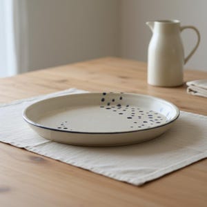 Ceramic 10" Round Splatter Tray / Cream and Blue Serving Dish / Signed M Calvo / Original Ceramic / Ink Splatter