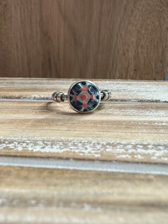 Hand Painted Porcelain Ring Sterling Silver