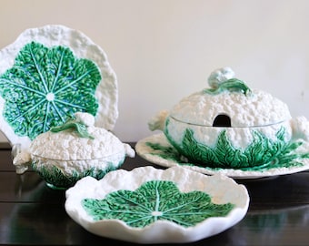 Vintage Bordallo Pinheiro Cauliflower Soup Tureen with Underplate / Cabbage Plates / Majolica Pottery / Casserole Dish / Portugal Pottery