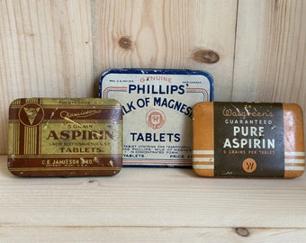 1940s Vintage American Medicine Tins, Advertising Tins, Phillips Milk of Magnesia Box, Aspiring Tin