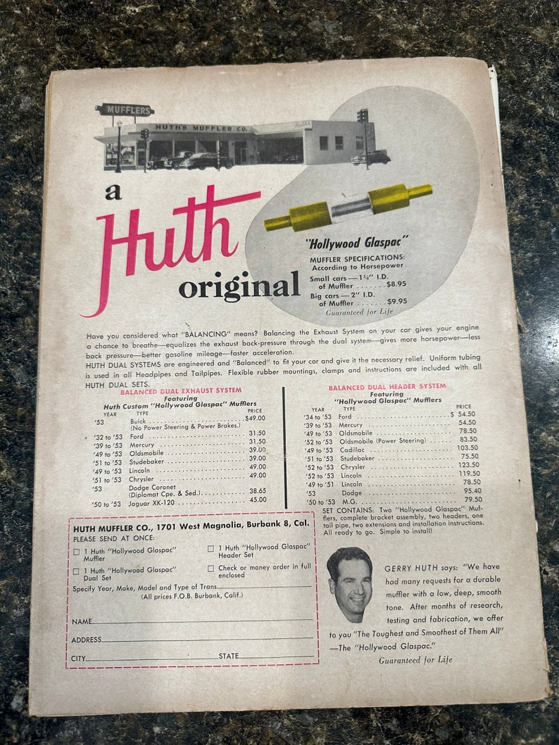 May include: A black and white advertisement for Huth Mufflers, featuring a photo of Gerry Huth, the company owner. The ad highlights the "Hollywood Glaspac" muffler, which is guaranteed for life. The ad also includes a price list for different car models and years.
