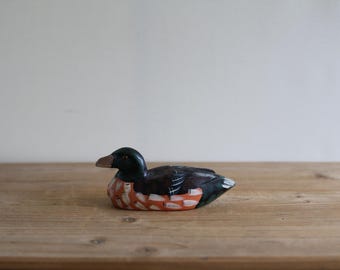 Vintage Mallard Duck Decoy, Hand Carved Wood Decor, Glass Eyes (5.5" long)