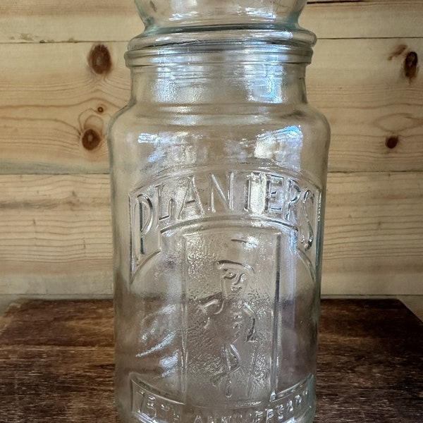 Vintage Planters Peanut Glass Jar Cannister 75th Anniversary 1981 - No plastic seal on lid