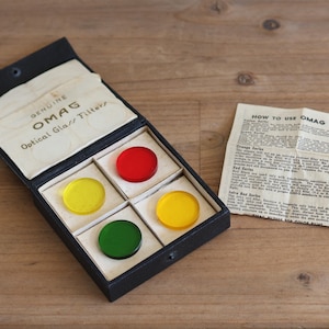 Vintage Genuine OMAG Optical Glass Filters /Chess-United Co Inc / Yellow, Orange, Red and Green Filters