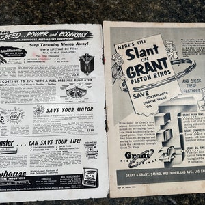 May include: A black and white magazine advertisement for Grant Piston Rings. The ad features a cartoon illustration of a man with a slanted hat and the text "Here's the Slant on Grant Piston Rings". The ad also includes a diagram of the piston rings and a list of features. The text "Save Horsepower Engine Wear Oil" is also included in the ad.