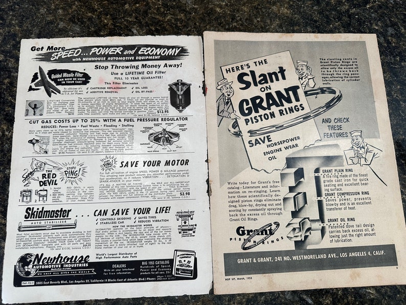 May include: A black and white magazine advertisement for Grant Piston Rings. The ad features a cartoon illustration of a man with a slanted hat and the text "Here's the Slant on Grant Piston Rings". The ad also includes a diagram of the piston rings and a list of features. The text "Save Horsepower Engine Wear Oil" is also included in the ad.