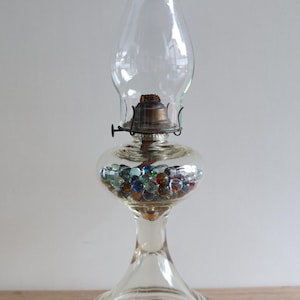 Large Vintage or Antique Glass Oil Kerosene Lamp Filled With Vintage Marbles / Oil Burning Lantern