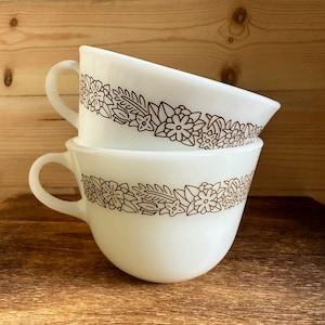 Pyrex Milk Glass Woodland Brown Floral Pattern Coffee Cup Mug Vintage Set of 2