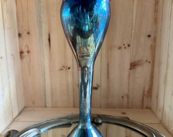 Tulip Shape Vase Studio Art Glass Deep Blue Iridescent Pulled Feather Vintage MCM