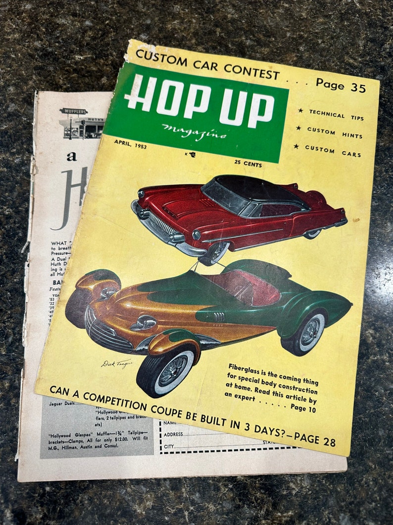 May include: A vintage magazine cover featuring a red and black custom car with the title "Hop Up Magazine" and the text "Custom Car Contest" and "Page 35".