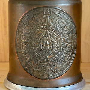 Vintage Mexico Copper Brass Plated Aztec Mayan Calendar Mug Cup