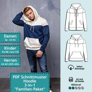 Könnte beinhalten: PDF-Schnittmuster für einen Hoodie, mit Größen für Damen, Kinder und Herren. Das Schnittmuster beinhaltet Anleitungen für einen 3-in-1 Hoodie und ist mit "Familien-Paket" gekennzeichnet.
