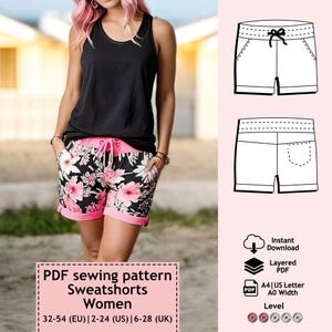 Women Sweat Shorts PDF Sewing Pattern, short pants pattern, Sweatshorts pattern women, Women pants pattern, Sewing pattern women