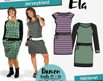 PDF Schnittmuster Damen Jerseykleid Ela , Gr. 32 - 54 | eBook Schnitt für Streetwear Kleid mit farbiger Nähanleitung (deutsch)