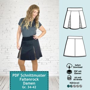 PDF Schnittmuster mit Ebenen Faltenrock Lene, Gr. 34-42 | e-Book für Damen kurzer Rock, Sommerrock Schnitt, farbige Nähanleitung (deutsch)