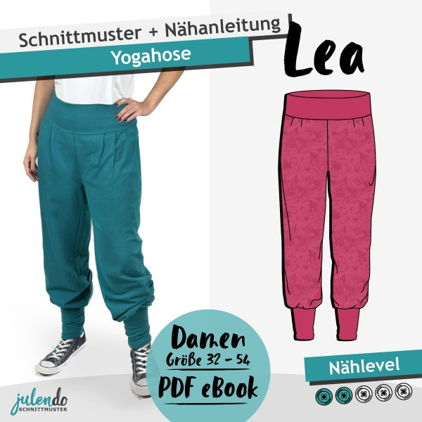 PDF Schnittmuster Damen Yogahose Lea, Gr. 32 bis 54 | eBook Schnitt mit farbiger Nähanleitung (deutsch)