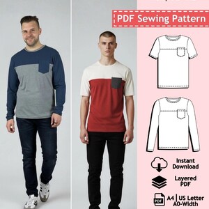 Peut inclure: Deux hommes portant des t-shirts à manches longues et courtes à blocs de couleurs avec des détails de poche. Les chemises sont de couleur marine, grise et blanche, et rouge et blanche. L'image comprend également un graphique de patron de couture PDF.