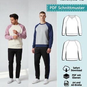 PDF-naaipatroon voor heren raglan truien, XXS-4XL | eBook voor heren / Unisex patroon met gekleurde naaianwijzingen (Duits)